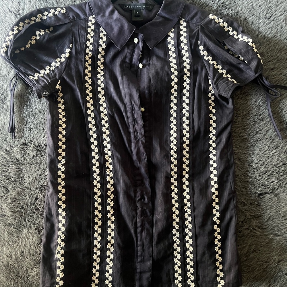 Marc By Marc Jacobs Black Blouse with White Floral Stripes